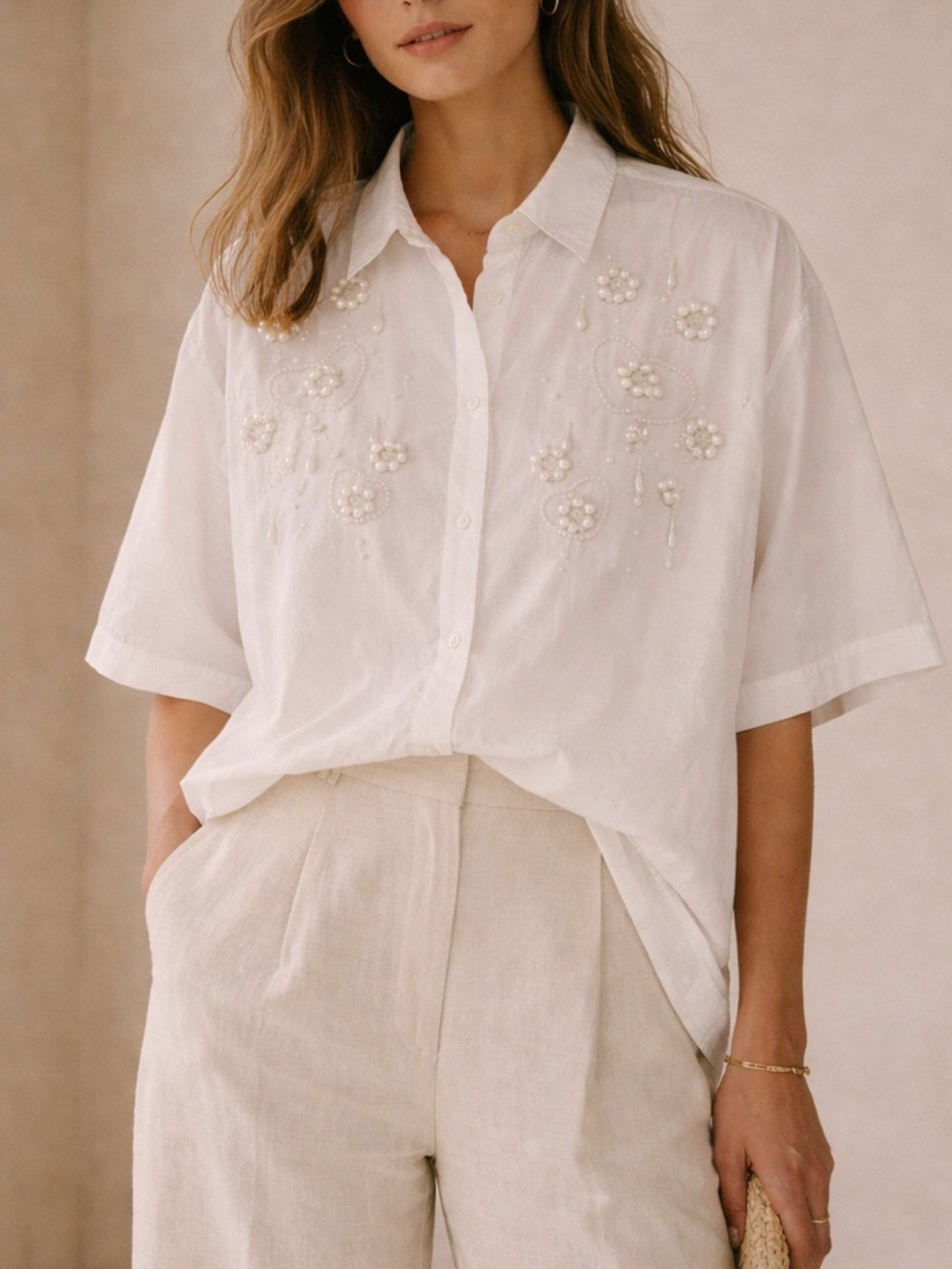 Vintage Pearl Embellished Button Down Shirt Size Large White Oversized 80s 90s